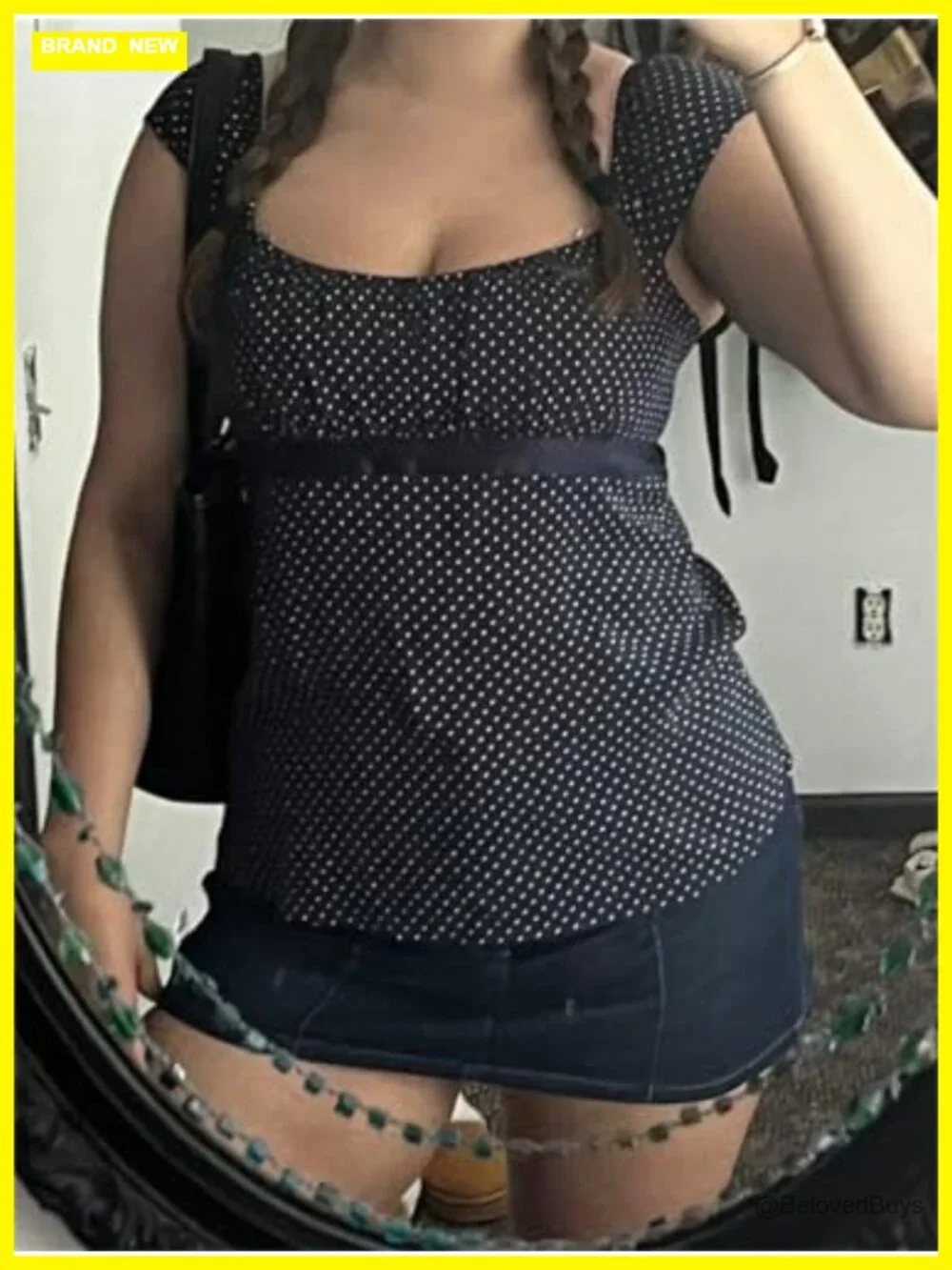 Women Y2K Fairy Grunge Babydoll Top Cap Sleeve Polka Dot Tie Back Flowy